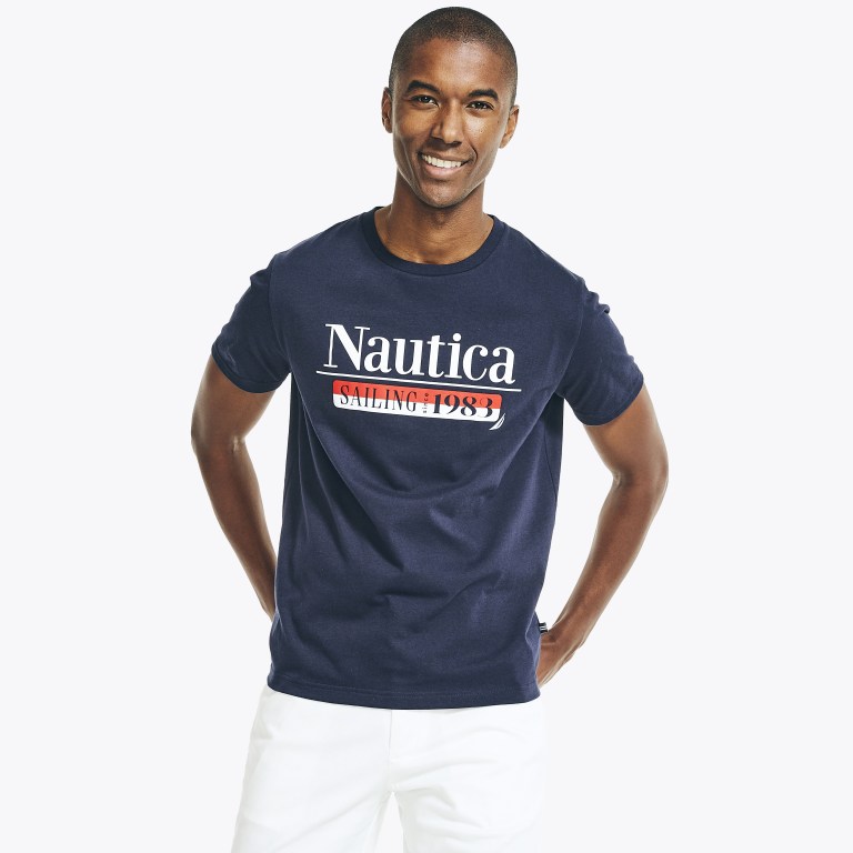 Nautica Mens Performance Tee Pocket T Shirt Navy Blue Small White Logo